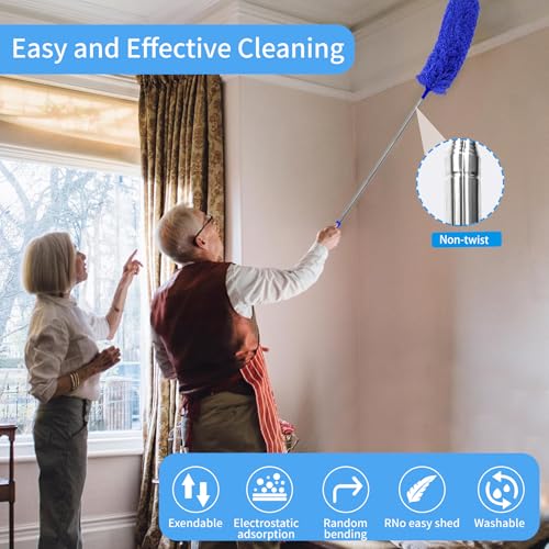 Image of Duster with Extension Pole - Royal Blue | 6-in-1 Kit Dusters for Cleaning, Extendable Duster with 100 Inches, Microfiber Dusters for Ceiling Fans, Furniture, Blinds
