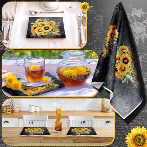 Image of Bencailor 6 Pcs Black Sunflower Kitchen Towels Decorative Sets Dish Towels Absorbent Fast Drying Hand Tea Vintage Hanging Reusable Cleaning Dishcloths for Cooking Farmhouse Bathroom Accessory