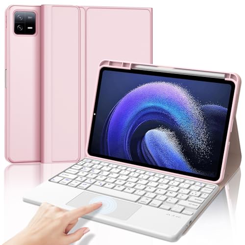 Clavier AZERTY Xiaomi Pad 6 avec pavé tactile et coque protection rose 11 pouces