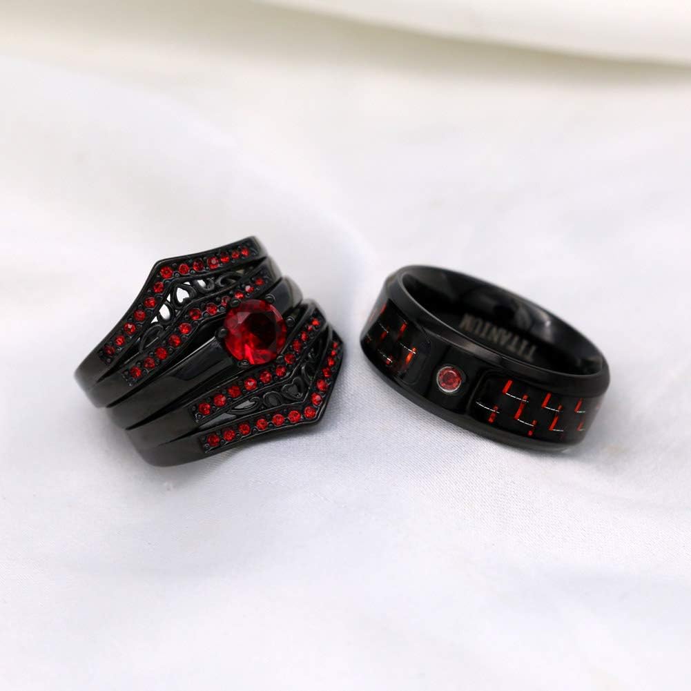 ringheart 2 Black Rings His and Hers Ring Couple Rings Purple Cz 3pcs Womens Wedding Ring Sets Titanium Steel Mens Wedding Bands