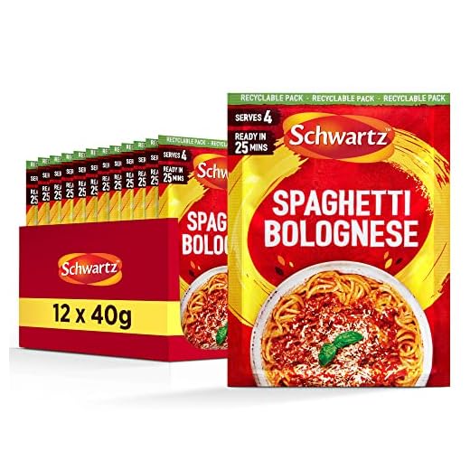Schwartz Mezcla de recetas de espaguetis boloñesos, 40 g, 4 porciones, paquete de 12, delicioso sabor, comida deliciosa, con tomate, ajo, albahaca y orégano, sin colorantes ni sabores artificiales