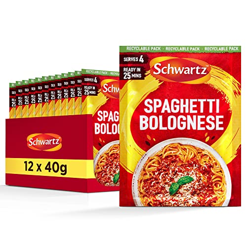 Schwartz Mezcla de recetas de espaguetis boloñesos, 40 g, 4 porciones, paquete de 12, delicioso sabor, comida deliciosa, con tomate, ajo, albahaca y orégano, sin colorantes ni sabores artificiales