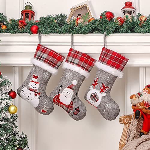 Toes Home Grey Burlap Christmas Stockings 3 Pack, 18" Red Buffalo Plaid Embroidered Cute Santa Snowman Reindeer Large Hanging Stocking For Christmas Decorations Ornaments Gifts Stuffers Bag #TOP1