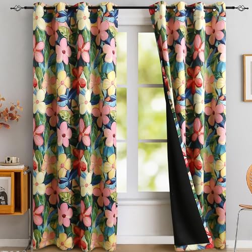 Vibrant Pink Floral Blackout Curtains 84 Inches Long Light Blocking for Girls Bedroom Shift Workers ,Thermal Insulation Colorful Vivid Flower Patterned Drapes With Tiebacks 2 Panels Grommet 52Wx84L