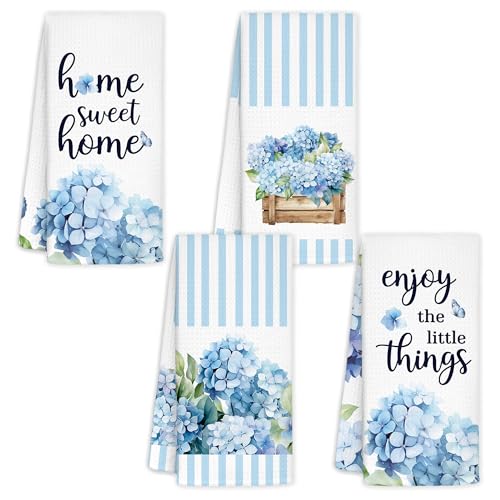 CIOJUNE Blue Stripe Hydrangea Kitchen Towels Set of 4 - Home Sweet Home Blue and White Hydrangea Gifts Decorative Hand Towels for Bathroom, 16x24