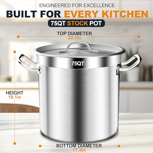 Image of 75 Quart Heavy Duty Tri-Ply Bottom Stock Pot with Lid, Premium Stainless Steel Commercial Grade Large Soup Pot for Industrial Kitchen, Food Prep, Oven Safe