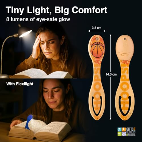 Image of Gifts for Readers & Writers Book Light, Clip On Reading Light for Bed, 2in1 Flexilight & Bookmark, Small & Lightweight with a Soft Glow, 2 Batteries Included, Basketball