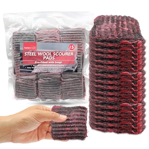 SOL 15pk Steel Wool Scourer Pads, Heavy Duty Soap Filled Scouring Pads for Pots, Pans, and Cookers, Durable, Rust-Resistant, Built-In Soap for Cutting Grease & Stains, Multi-Purpose Use for Cleaning