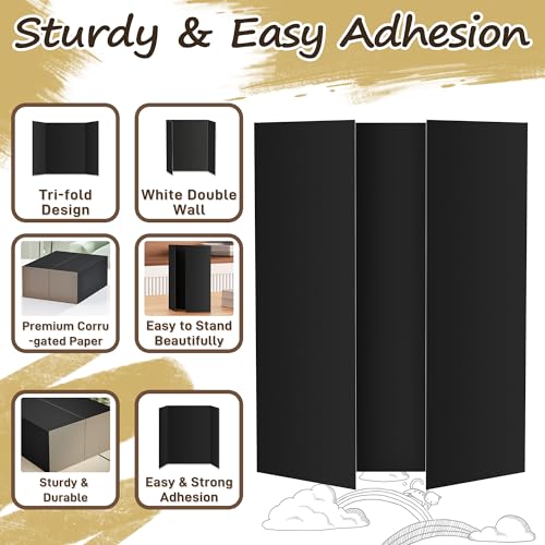 Image of PSHVYM 4 Pcs Black Trifold Poster Board, 21.5 x 14 inches Poster Board with Double Sided Tapes and Cardboard, Corrugated Presentation /Display Board for School Project, Science Fair, Business