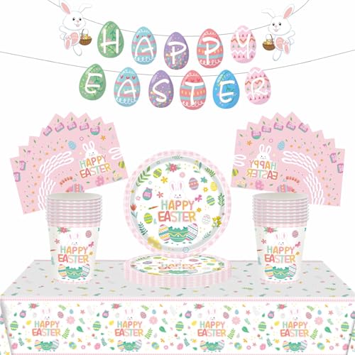 54 piezas de decoración de vajilla de fiesta de Pascua, caza de huevos de Pascua, decoración de fiesta de dibujos animados, mantel, platos de papel de 7 pulgadas, pancarta, servilletas de papel para