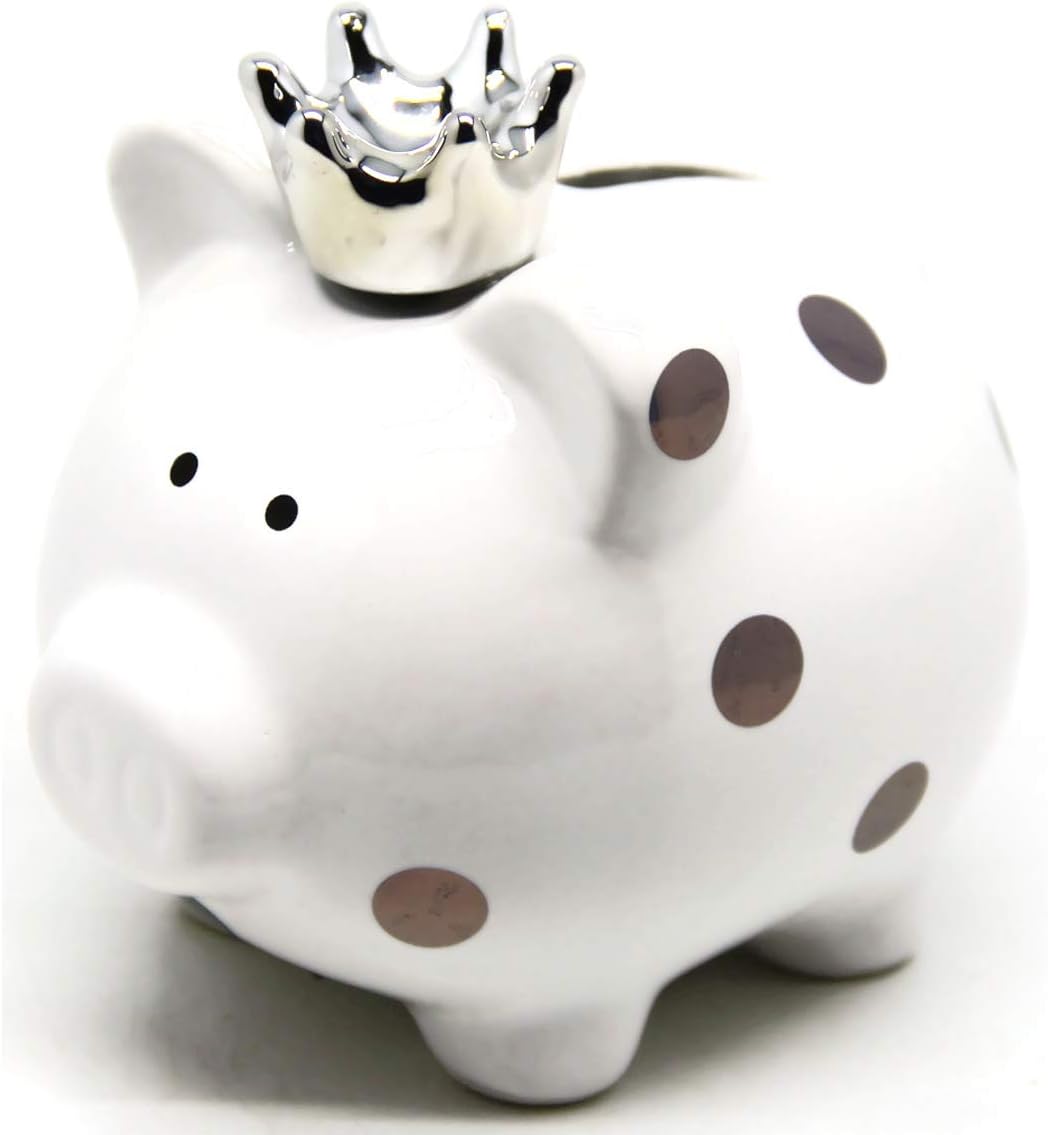 Bada Bing Piggy Bank White With Pink Dots And Silver Crown Cute Save Pocket Money