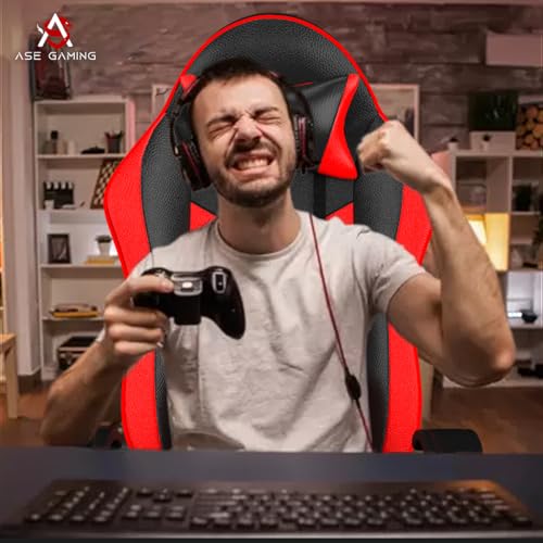 Image of ASE GAMING Gold Series Ergonomic Gaming Chair Premium PU Leather, Adjustable Neck & Lumbar Pillow, 180 Degree Recline with Black Metal Base with 3 Years Warranty (Ranger Red)