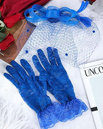 Bowknot Fascinator Hat Feathers Veil Mesh Headband And Short Lace Gloves Floral Lace Gloves (Royal Blue) #TOP6