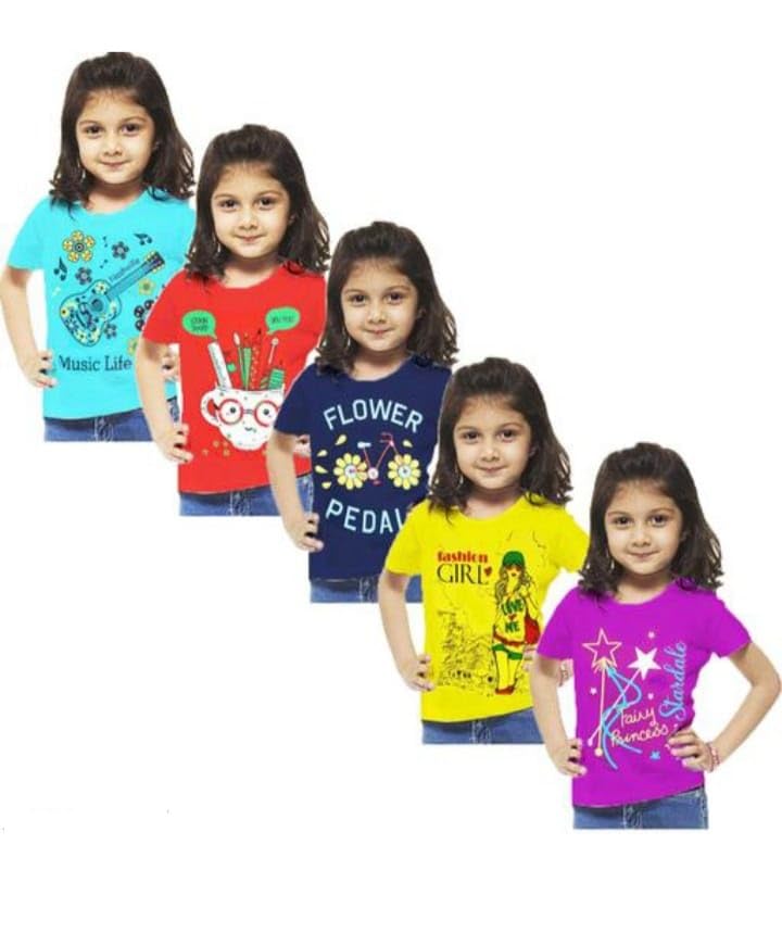 Image of Grils Printed Cotton Half Sleeve Regular Fit Casual t-Shirts Set Combo (Pack of 5)