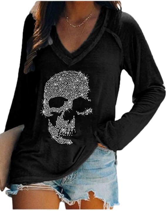 Fronage Womens Rhinestone Skull Tank Tops Long Short Sleeve Summer V Neck Sleeveless Shirts Long-black X-Large