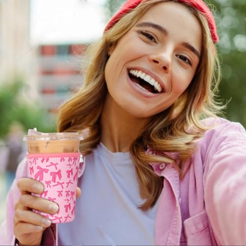 Image of Reusable 3-Pack Iced Coffee Cup Sleeve, Insulated Neoprene, Beverage Holder for Iced Coffee, Durable Drink Sleeve for Cold Beverages, Pink Bows