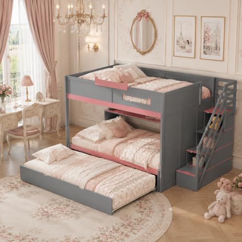 Image of Merax Full Over Full Wood Bunk Bed with Twin Size Trundle with Stairs & Hidden Storage & Shelves, Built-in 3-in-1 LED Lights, Multi-Level Storage Hub, Space-Saving Bedroom Furniture, Gray+Pink