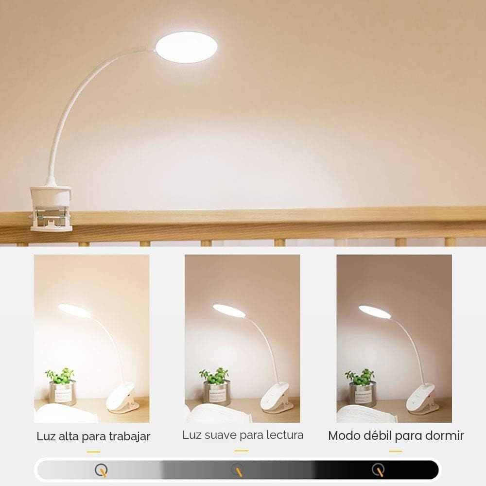 Lámpara con clip, de lectura alimentada por batería, luz de clip para cama con 3 niveles de brillo, recargable por USB