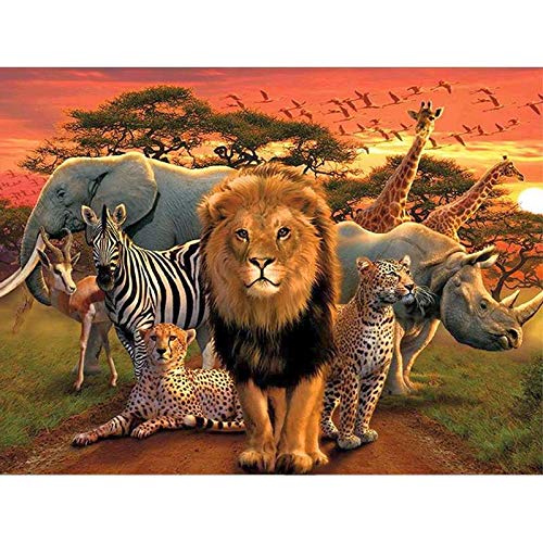 DIY 5D Diamond Art by Number Kits for Adults Full Round Drill, Beasts Animals Lion Rhino Elephant Zebra Painting Embroidery Picture Art Craft for Home Wall Decor, 5D Painting Dots Kits 11.8x15.7"