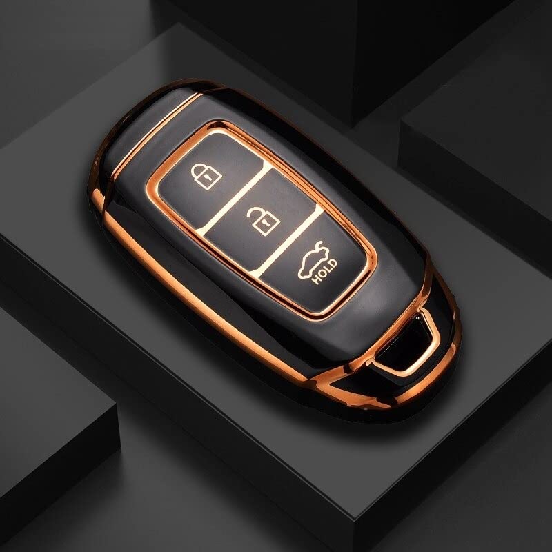 Image of JVCV Gold Border TPU Key Cover Compatible with Hyundai Verna Push Button Start Car Key - Glossy Protective Smart Key Case (Black)