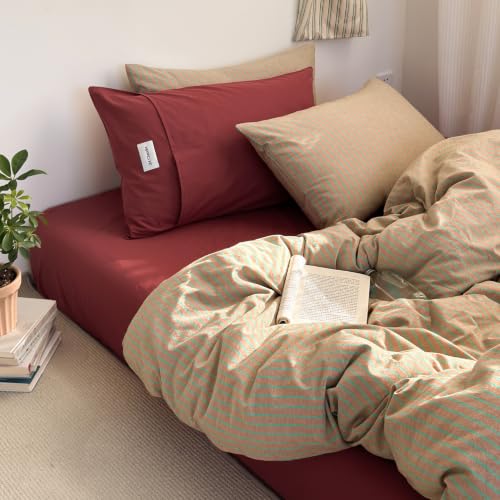 Image of Striped Duvet Cover Set Washed Cotton,Queen(90 inchx90 inch),Pinstripes Terracotta
