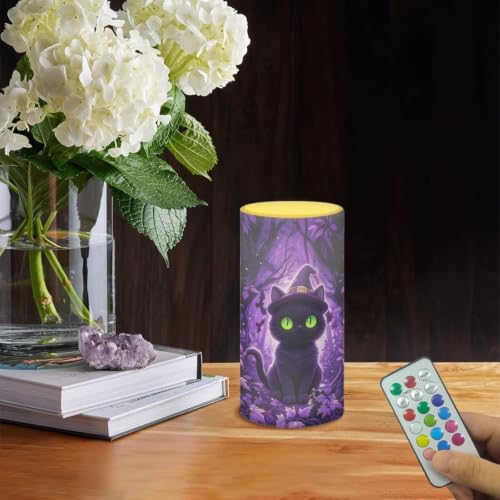 Image of LED Flameless Candles with Remote Timer Purple Cat Halloween