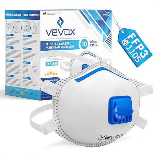 VEVOX® FFP3 Dust Mask - Set of 10 - Valved Face Masks - Respirator - Protection e.g. for Construction, Sanding, Spray Painting, Cleaning, Mould, Fine Dusts or Asbestos Particles