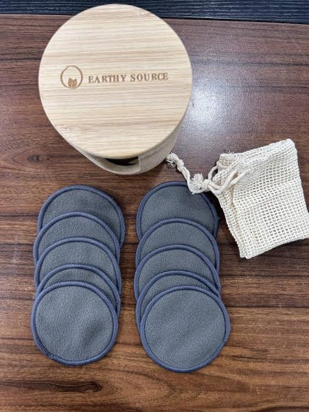 Earthy Source Reusable Bamboo Cotton Pads - 16 Pack of Double-Sided Makeup Remover Pads for Face - Soft & Gentle, Natural & Organic, Includes Bamboo Storage Box & Cotton Mesh Wash Bag