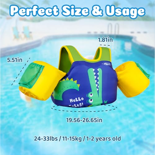 Image of AEOCOO Puddle Float Jumper 20-30 Pounds, Toddler Swim Vest for 1-2-3 Years Old, Pool Floats with Swimming Arm Floaties Swim Jacket with Water Wings for Kids Swimmies, Boys, Girls, Ninos, Crocodile