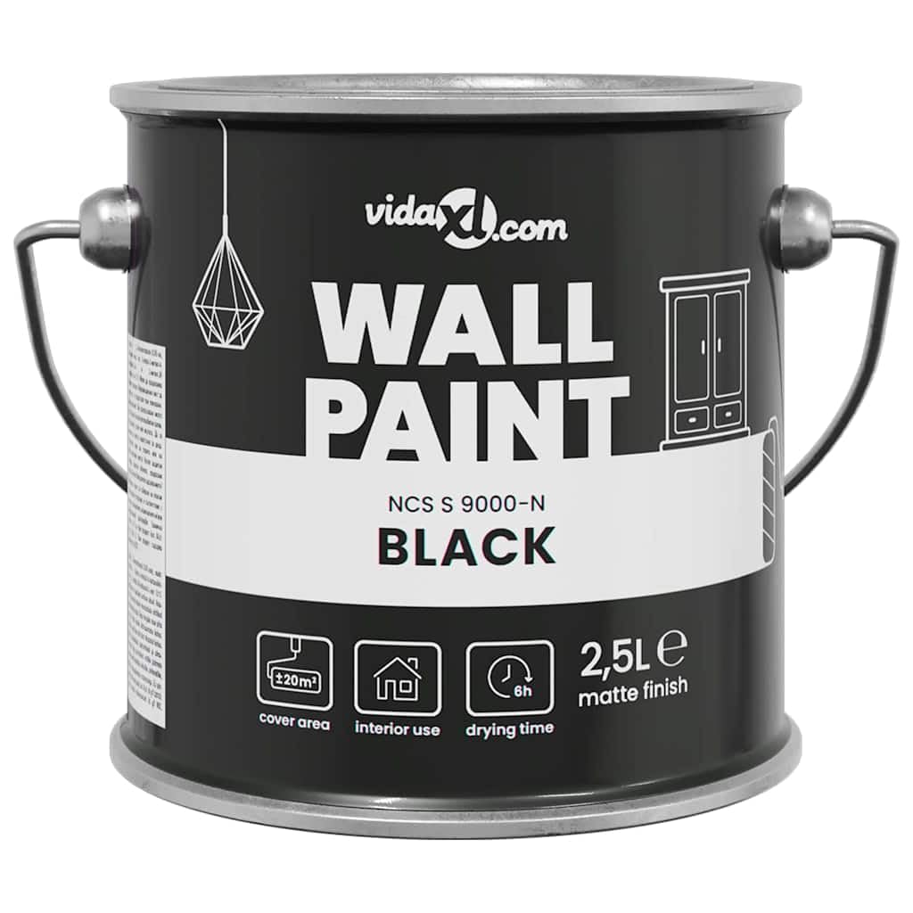Wandfarbe Schwarz 2,5 L Innenwandfarbe für Wohnzimmer Küche Bad, hochdeckende Dispersionsfarbe, schnelltrocknend und geruchsneutral