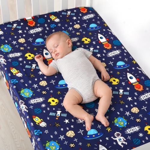Image of JISEN 3 Piece Crib Bedding Set Soft Baby Space Crib Comforter Set with Comforter, Sheet, Pillowcase - Nursery Bedding for Boys or Girls Navy