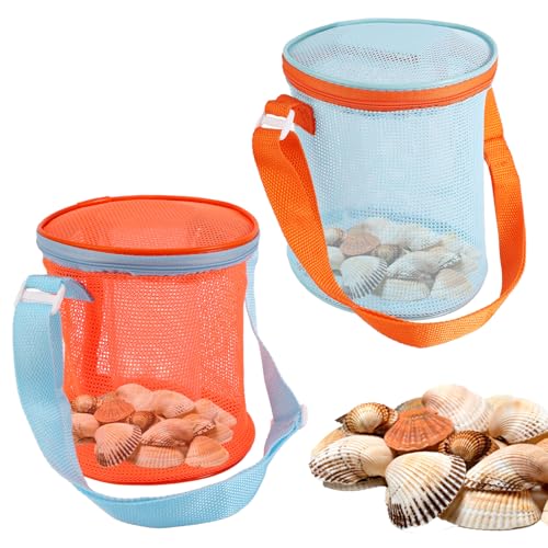 2pcs Beach Toys Mesh Bags, 6.5x6 Inch Adjustable Shoulder Strap Beach Seashell Shell Bag Practical Sand Toy Storage for Kids Pool Outdoor Activities (Orange, Blue)
