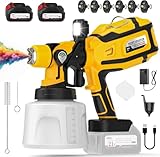 Paint Sprayer, HVLP 700W High Power Cordless Electric Spray Paint Gun with 1400ml (47oz) Container, 2×4000mAh Batteries, LED Light, 3 Modes & 6 Brass Nozzles, Paint Sprayer for House Painting