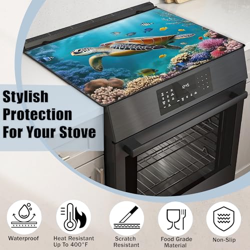 Image of Sea Turtle Glass Top Stove Cover Protector,Ocean Fish Coral Stove Top Covers for Electric Stove,Washable Heat Resistant Cooktop Mat Anti-Slip Range Covers, 28 x 20 Inch
