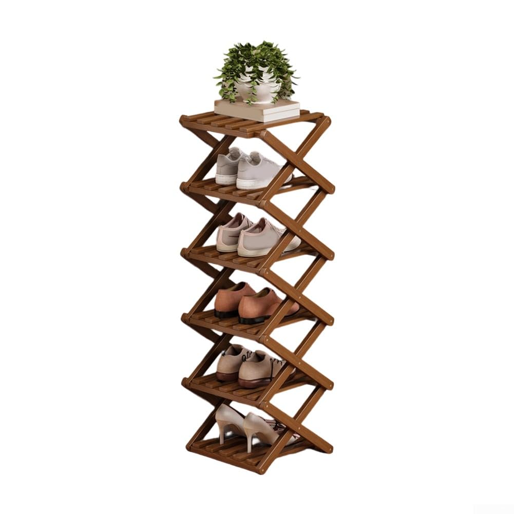 Scarpiera senza montaggio, organizer pieghevole in legno con design regolabile da 2 a 9 livelli, installazione senza attrezzi, compatta per piccoli spazi (6 strati marrone)