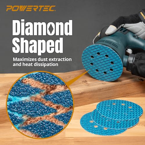 Image of POWERTEC 5 Inch 8-Hole Hook and Loop Diamond Shaped Sanding Discs, 50PK, 120 Grit for Random Orbital Sanders - J-Weight Cloth Backing for Long Life, Anti-Clog Sandpaper (44912)