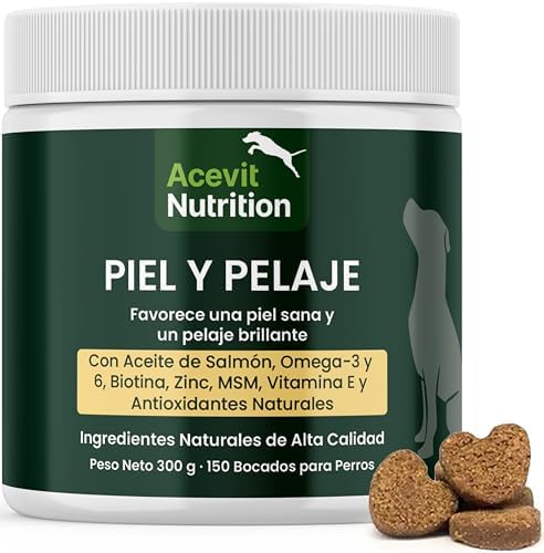 Piel y Pelaje Perros, 150 uds, 100% Natural, Apoyo Nutricional para Pelo y Pelaje Brillante y Piel Sana, con Aceite de Salmón para Perros, Omega 3-6, Biotina y Zinc | Acevit Nutrition