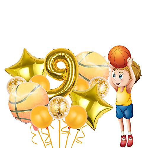 12 Pcs Basketball Theme Balloons, Basketball Theme Decorations Gold Confetti Balloon Foil Star Balloon For Basketball Sports Theme 9Th Birthday Party Supplies Gold Number 9 Balloon Decoration #TOP2