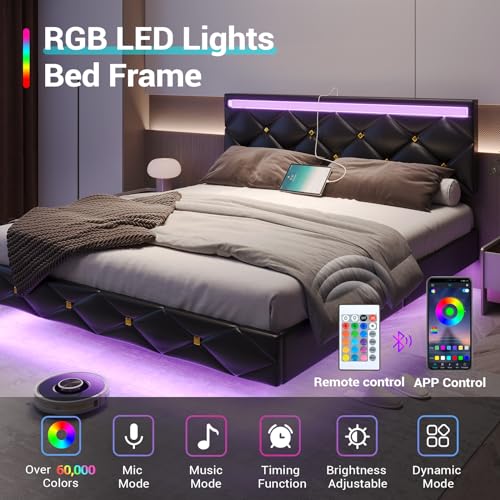 DICTAC Queen Floating Bed Frame with Headboard, Type-C and USB Ports Queen Size Upholstered Platform Bed Frame with Led Lights Faux Leather Low Profile Visual Floating Bed,No Box Spring Needed,Black - Thumbnail 4
