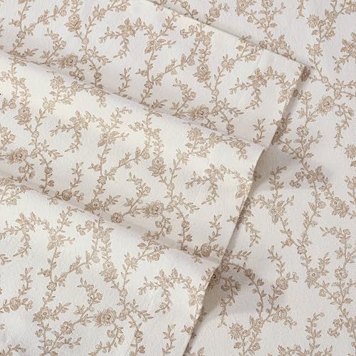 Image of Laura Ashley - Flannel Sheets King Size, Anti-Pilling & Wrinkle Resistant Cotton, Touchably Soft for All-Season Comfort - Bed Sheets with Matching Pillowcases & Fitted Sheet (Victoria Beige)