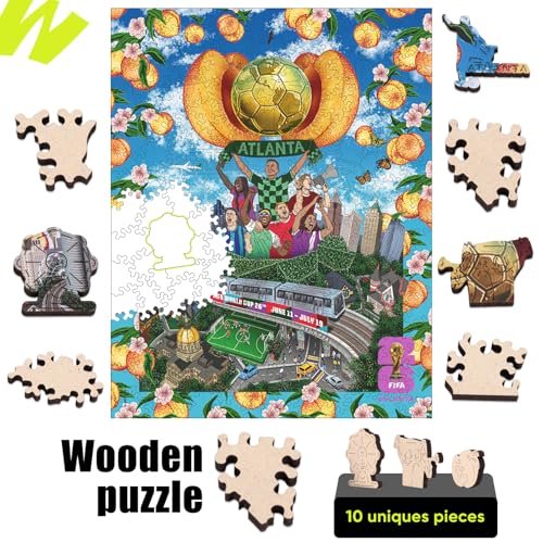 Image of FIFA World Cup 2026 City Puzzle Atlanta Poster - Wooden Puzzle for Adult, 200 Pieces Irregular Shape Puzzle, 5MM Thick, Creative Collectible Gift for Fans, Officially Licensed Product, 9.3x11.8''