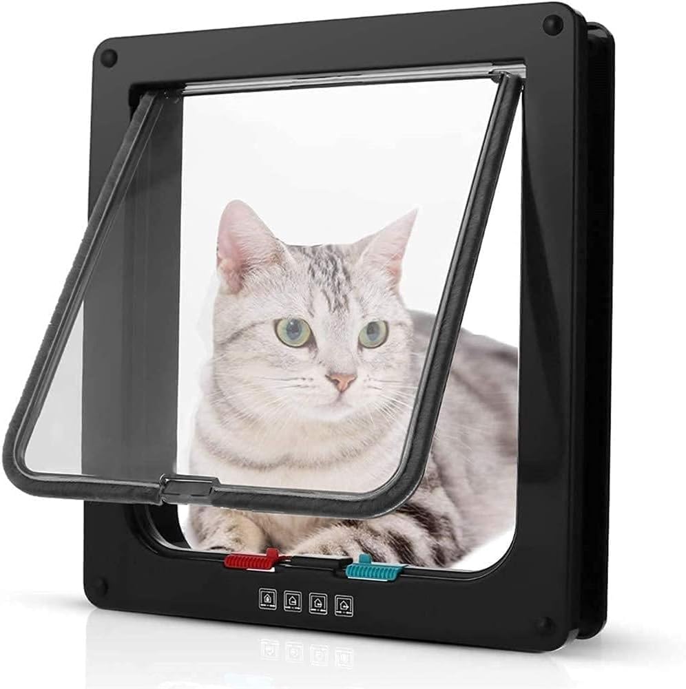 BANTASE Large Cat Door 23.5 * 25 * 5.5cm,4 Way Locking Cat Flap Door,Silent Dog Door Pet Flap Easy To Install,Suitable For Cats,Small Dogs(Schwarz,M)