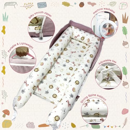 Image of Baby Lounger, Foldable Portable Infant Lounger, Baby Nest Cover, Suitable for 0-24 Months Newborn Baby Lounger,Home Travel Dual-Purpose Baby Nest（Pink Zoo）