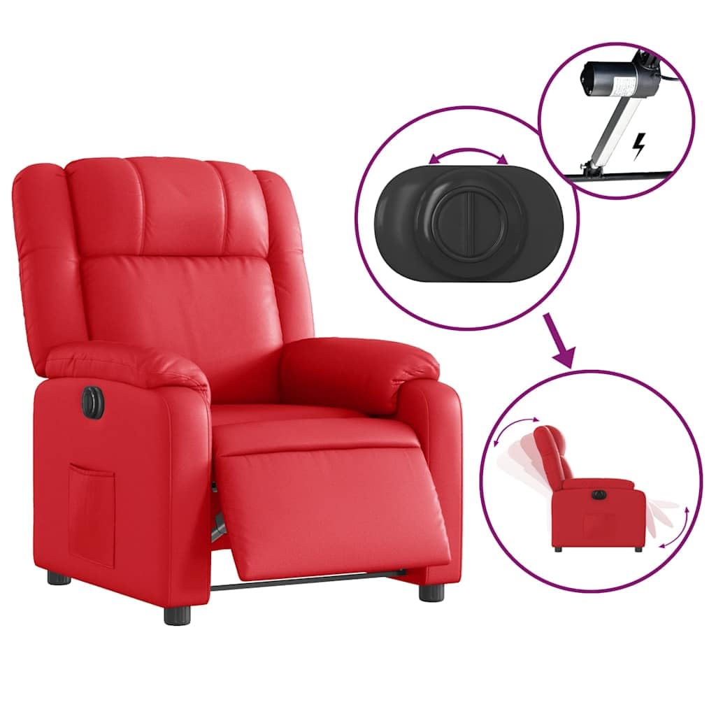 Fauteuil relax électrique en cuir synthétique rouge avec dossier et repose-pieds réglables, chaise rembourrée ergonomique avec accoudoirs, cadre en bois et métal pour salon, chambre à coucher