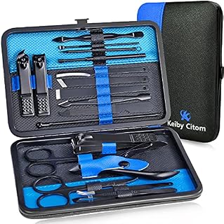 Manicure Set Nail Set Nail Clipper Kit Professional - Stainless Steel Pedicure Set Nail Grooming Kit of 15pcs with Case for Travel (Black/Blue)