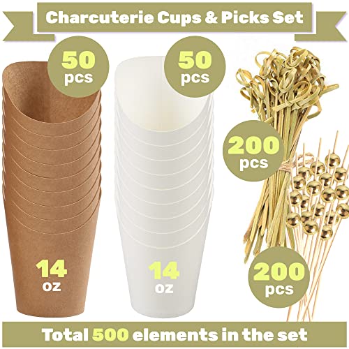CUSINIUM 14oz 50 Kraft + 50 White Charcuterie Cups + 400 Cocktail Picks (2 Types, 4.7\" + 6\")