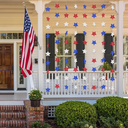 Image of Patriotic Glitter Star Garland Banner Streamers - 2.76 Inch 52 FT 4 Strands Paper - Red White and Blue Hanging Decorations for American 4th of July, USA Independence Day, Memorial Day, Labor Day