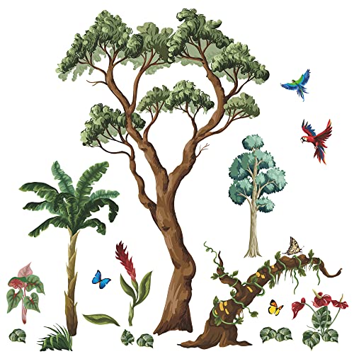 Green Tree Wall Sticker Coconut Tree Wall Decals Vine Trees Wall Stickers Diy Removable Birds And Leaves Wall Decal For Kids Bedroom Living Room Office Tv Background Nursery Classroom Home Decoration (A) #TOP7