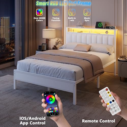 Image of Furnulem White Full Size Bed Frame with Charging Station & Led Lights, PU Leather Upholstered Headboard with 2-Tier Storage Shelves, No Box Spring Needed, Metal Slat Support, Solid and Stable