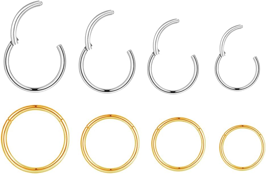 HQLA 4Pairs/Pcs 18G Surgical Steel Hinged Clicker Segment Nose Rings Hoop Helix Cartilage Daith Tragus Sleeper Earrings Body Piercing for Women Men 6mm 8mm 10mm 12mm